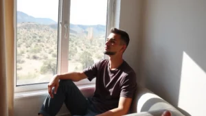 Person sitting peacefully by a window overlooking desert landscape, natural sunlight streaming in, calm focused expression, comfortable home environment