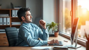 Person sitting at desk looking out window pensively, morning light, realistic office environment, contemplative mood without sadness