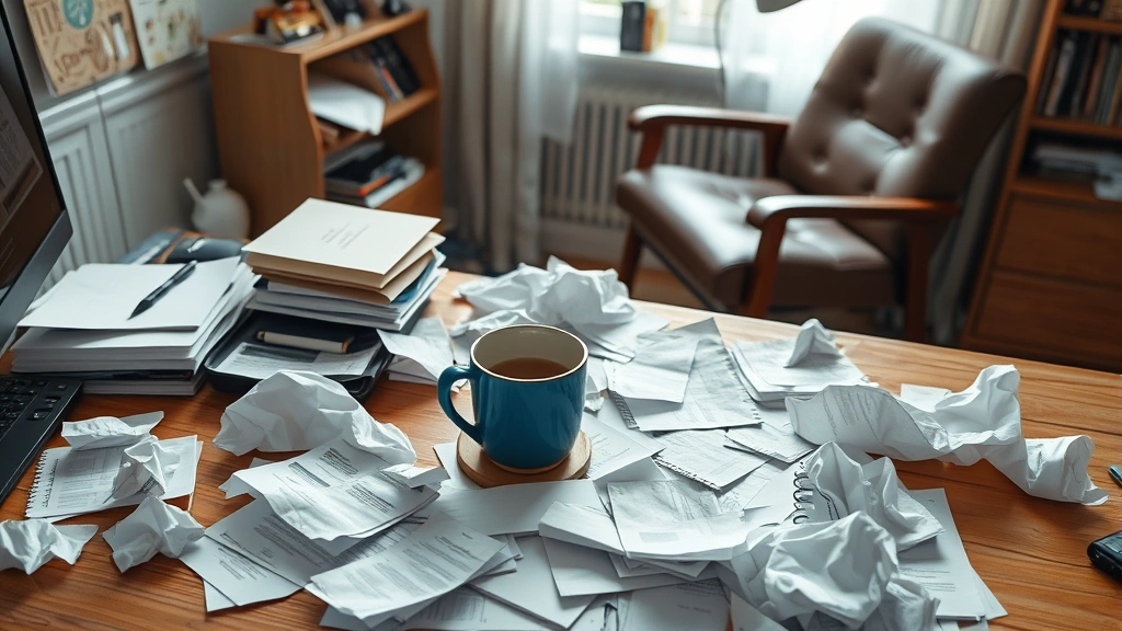 Crumpled papers scattered on desk, coffee cup, chair overturned, realistic home workspace showing creative struggle and failed attempts
