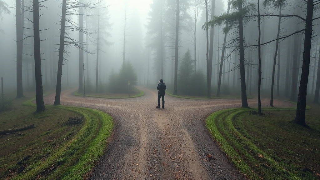 Person standing at crossroads in misty forest, multiple paths leading different directions, uncertainty visible but not fearful, photorealistic nature scene