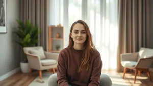 A serene person sitting in a modern, minimalist therapy office with soft natural lighting, comfortable furniture, and a calm expression, ready for their first mental health appointment