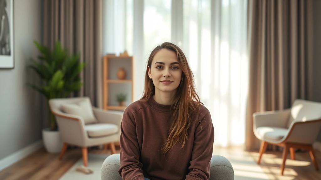 A serene person sitting in a modern, minimalist therapy office with soft natural lighting, comfortable furniture, and a calm expression, ready for their first mental health appointment