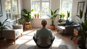 Person sitting in a modern, peaceful therapy office with soft natural light streaming through windows, comfortable seating, and plants creating a calm environment