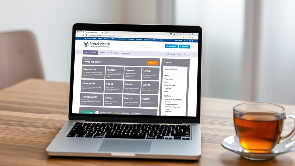 An open laptop displaying a healthcare portal interface on a wooden desk with a cup of tea nearby, representing digital access to mental health scheduling and resources