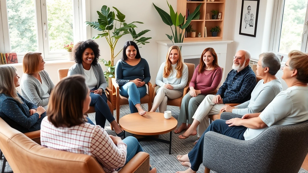 A diverse group of people in a supportive circle during a group therapy session, sitting in comfortable chairs with engaged, hopeful expressions and natural daylight streaming through windows