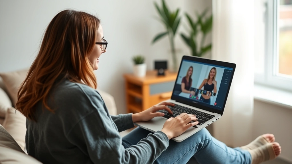 Individual at home using a laptop for a virtual therapy session, sitting in a comfortable, well-lit space with a calm background, appearing focused and present