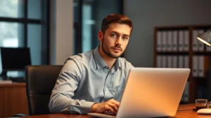 A focused individual in professional attire sitting at a desk with a laptop, looking thoughtful and centered, warm office lighting, calm composed expression