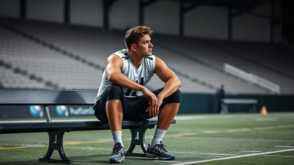 An athlete in athletic wear sitting alone on a bench, looking reflective and contemplative, stadium or training facility background, introspective moment captured