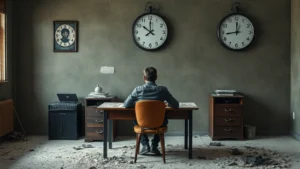 A person sitting motionless at a desk surrounded by dust, with a clock on the wall showing the same time, photorealistic, symbolizing stagnation