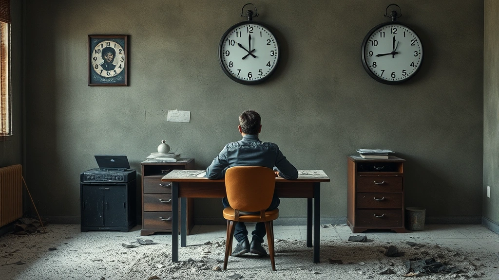 A person sitting motionless at a desk surrounded by dust, with a clock on the wall showing the same time, photorealistic, symbolizing stagnation