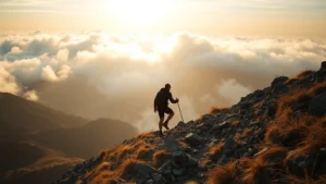 Person climbing mountain path with mist and clouds, looking determined and focused, golden hour lighting, wide landscape view showing distance covered