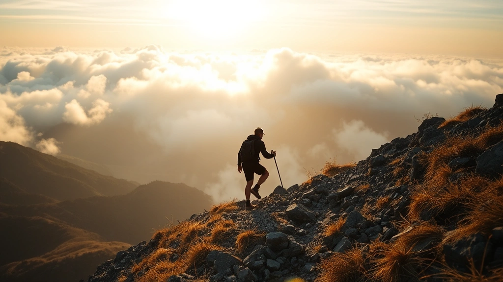 Person climbing mountain path with mist and clouds, looking determined and focused, golden hour lighting, wide landscape view showing distance covered