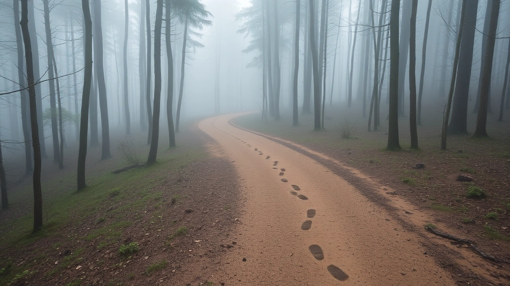 A winding path through a misty forest with footprints visible, some going forward and some circling back, photorealistic, representing different directions of progress