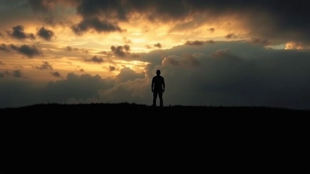 Silhouette of person standing at crossroads with multiple paths diverging, one path leading upward and one downward, dramatic sky, moody atmospheric lighting