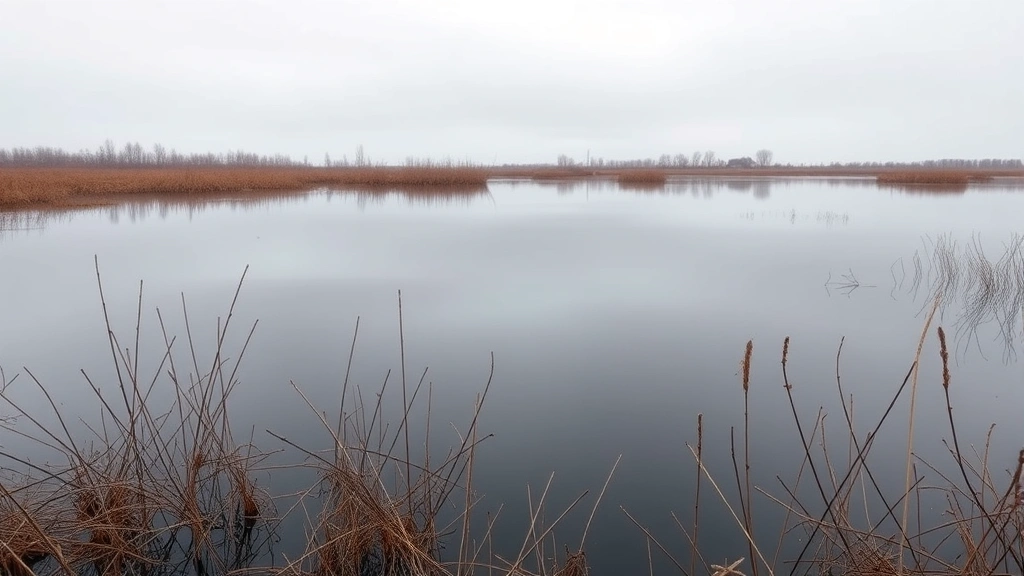A still pond with completely flat water surface reflecting gray sky, surrounded by dead vegetation, photorealistic, depicting complete lack of movement
