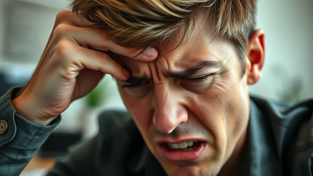Close-up of person's face showing frustration and determination, hand on forehead, blurred background of desk workspace, natural indoor lighting, emotional intensity
