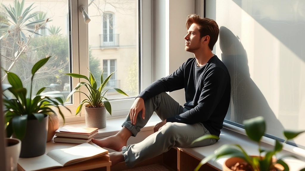 Person sitting peacefully by a window with soft morning light, looking contemplative and calm, surrounded by natural elements like plants and books, serene indoor setting