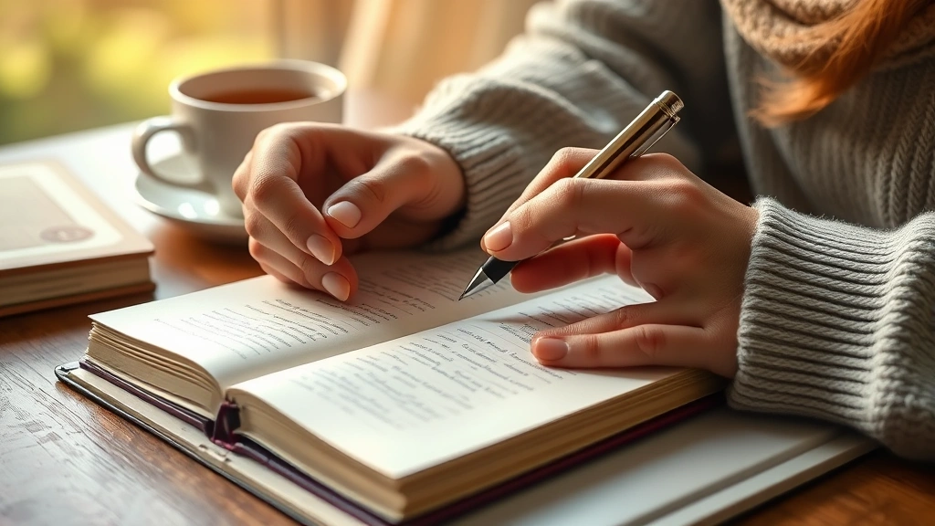 Close-up of hands holding a journal with a pen, warm natural lighting, peaceful workspace with tea cup visible, focused on reflection and writing practice