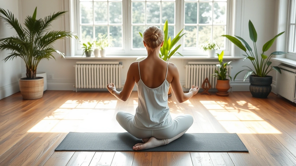 Person in a meditation pose on a wooden floor, gentle sunlight streaming through windows, plants in background, embodying mindfulness and inner peace without any text visible