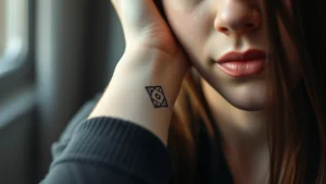 Close-up of a person's forearm with a meaningful geometric tattoo in minimalist black ink, soft natural lighting, serene expression, shallow depth of field