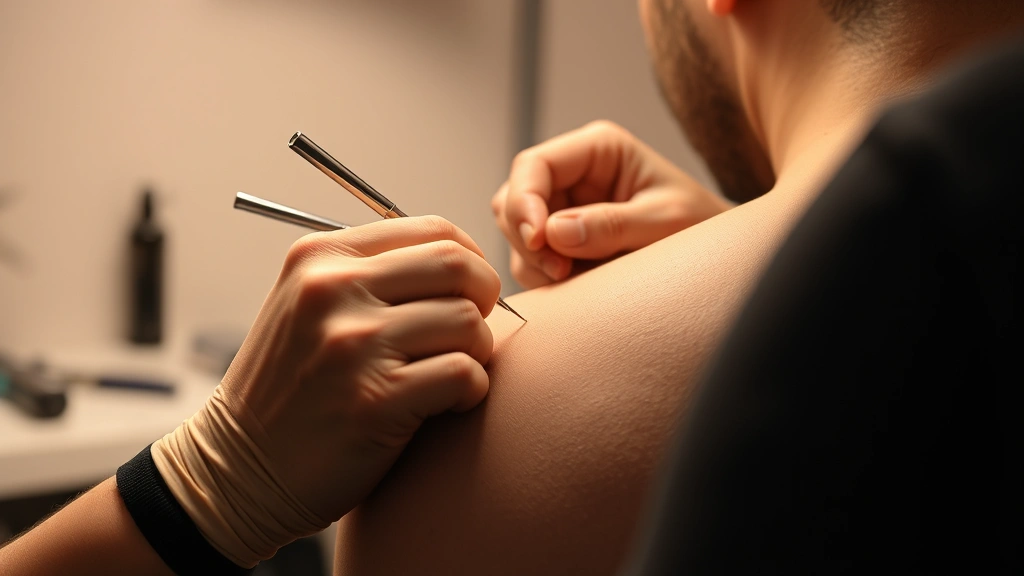 Artist's hands carefully working on a client's shoulder tattoo with precision needle work, warm studio lighting, focused concentration, professional setting