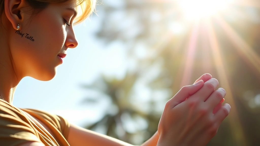 Person looking peacefully at their new meaningful tattoo in natural sunlight, hand gently touching their arm, expression of calm acceptance and self-appreciation