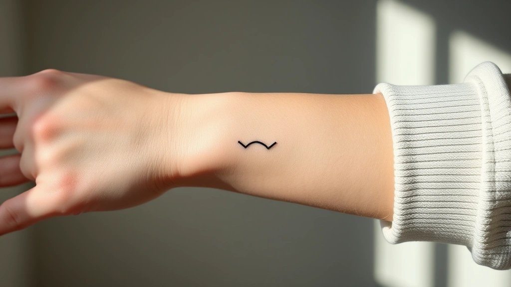 A person's forearm displaying a delicate semicolon tattoo in elegant black ink, soft natural lighting highlighting the skin, peaceful expression, minimalist aesthetic, close-up detail shot