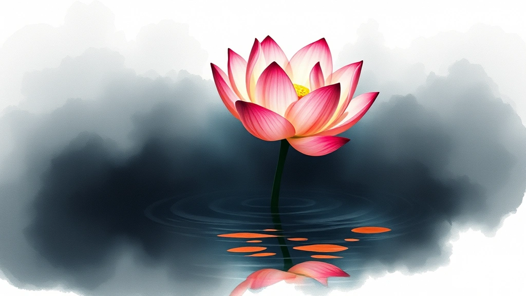 Watercolor-style lotus flower emerging from dark water, transitioning from shadowy depths to vibrant bloom, artistic rendering, serene composition, no text or letters visible