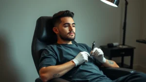 A person sitting calmly in a tattoo chair, gentle lighting, artist's hands visible with tattoo equipment, serene facial expression, minimalist studio background