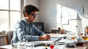 A person sitting at a desk covered with chemistry notes and molecular models, intensely focused while writing equations on paper, natural window light, minimalist workspace, photorealistic