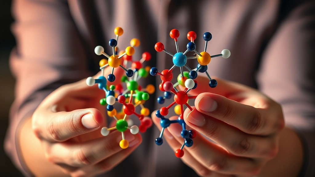 Close-up of hands manipulating colorful molecular model structures showing chemical bonds and reactions, warm lighting, clean background, photorealistic detail