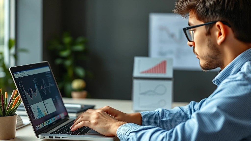 A student reviewing data charts and graphs on a laptop screen showing equilibrium curves and thermodynamic diagrams, concentrated expression, modern study space, photorealistic