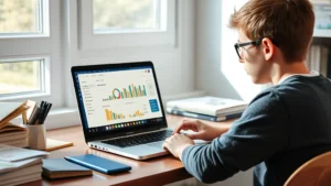 Student studying at desk with laptop showing learning dashboard, natural lighting from window, focused concentration expression, papers and notes scattered nearby
