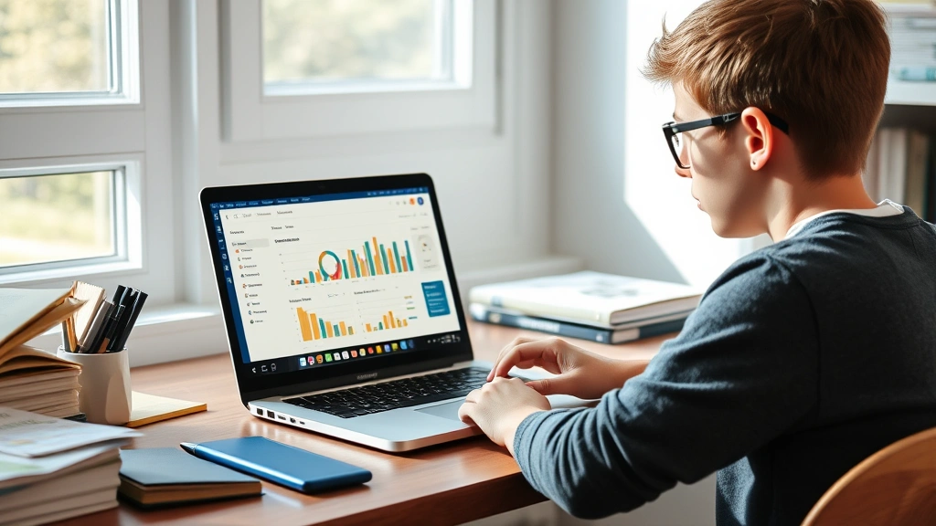 Student studying at desk with laptop showing learning dashboard, natural lighting from window, focused concentration expression, papers and notes scattered nearby