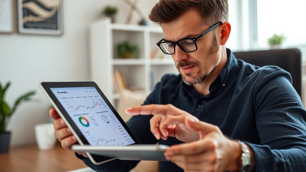 Person reviewing test results on tablet screen, pointing at performance metrics and charts, professional home office setting, thoughtful analytical expression