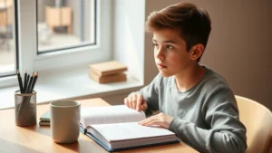 Student at desk with open textbook and notebook, focused expression, natural window lighting, minimalist study environment with coffee cup
