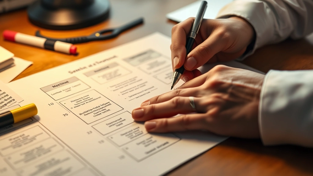 Close-up of hands writing on paper with structured outline visible, warm desk lighting, organized notes and highlighters, concentration captured