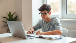 Student sitting at desk with laptop and notebook, focused expression, natural lighting from window, clean minimalist workspace, studying concentrated