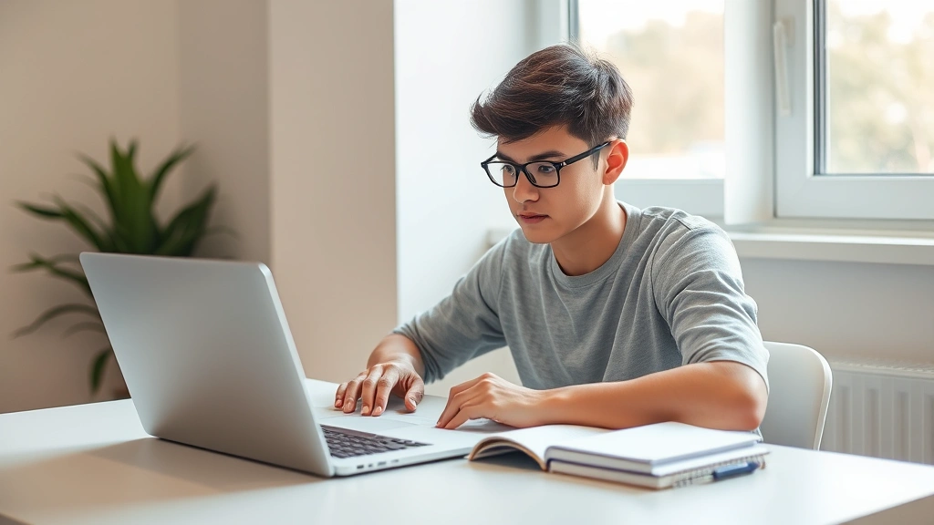 Student sitting at desk with laptop and notebook, focused expression, natural lighting from window, clean minimalist workspace, studying concentrated