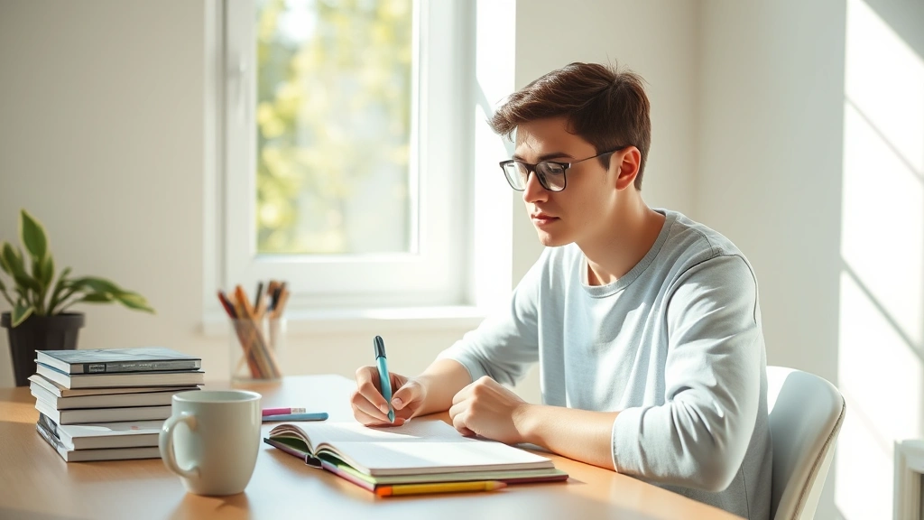 Student sitting at desk studying with notebook and highlighters, focused expression, natural sunlight through window, minimalist workspace with books and coffee cup