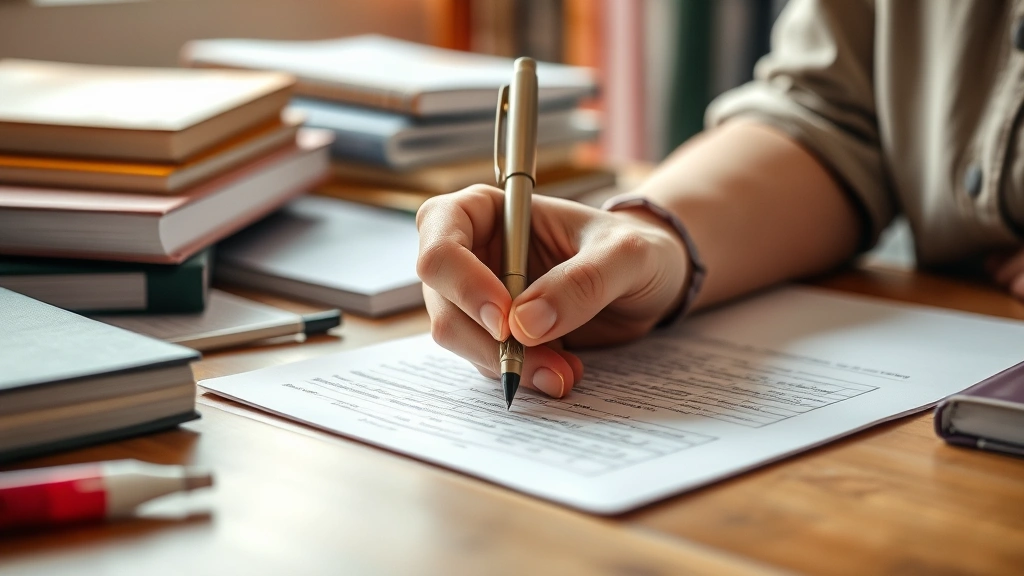 Close-up of hand writing notes on paper with highlighter and pen, organized study materials, warm natural light, academic setting with books