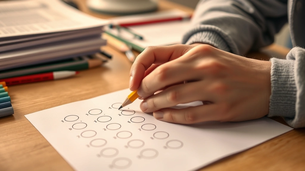 Close-up of hands writing on paper with multiple choice bubbles, pencil filling in answers, organized study materials visible, warm desk lighting