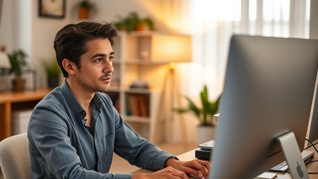 Person taking practice test on computer, thoughtful expression, professional home office setup, calm composed demeanor, warm ambient lighting