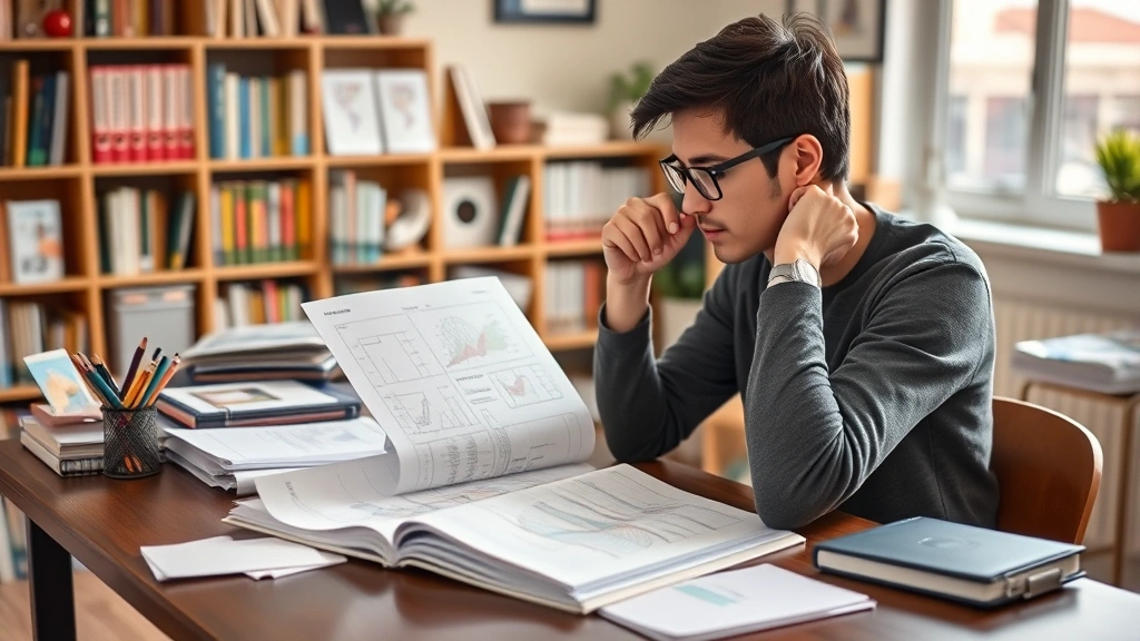 Person reviewing study notes at a desk with charts and diagrams visible, thoughtful pose, organized learning environment with multiple resources, bright natural lighting