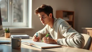 Student studying at desk with notebook and highlighter, focused expression, natural sunlight from window, minimalist workspace with coffee cup