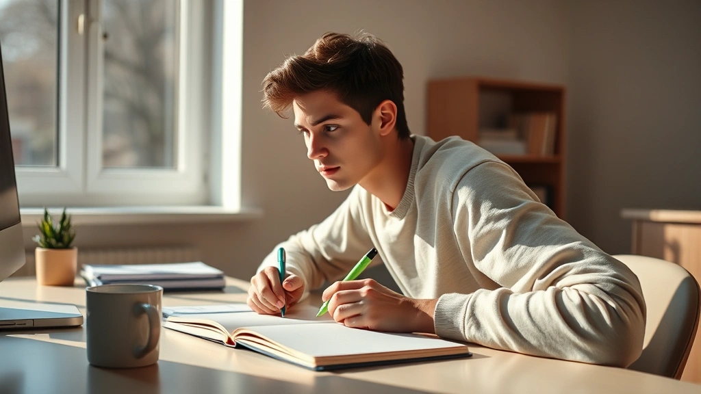 Student studying at desk with notebook and highlighter, focused expression, natural sunlight from window, minimalist workspace with coffee cup