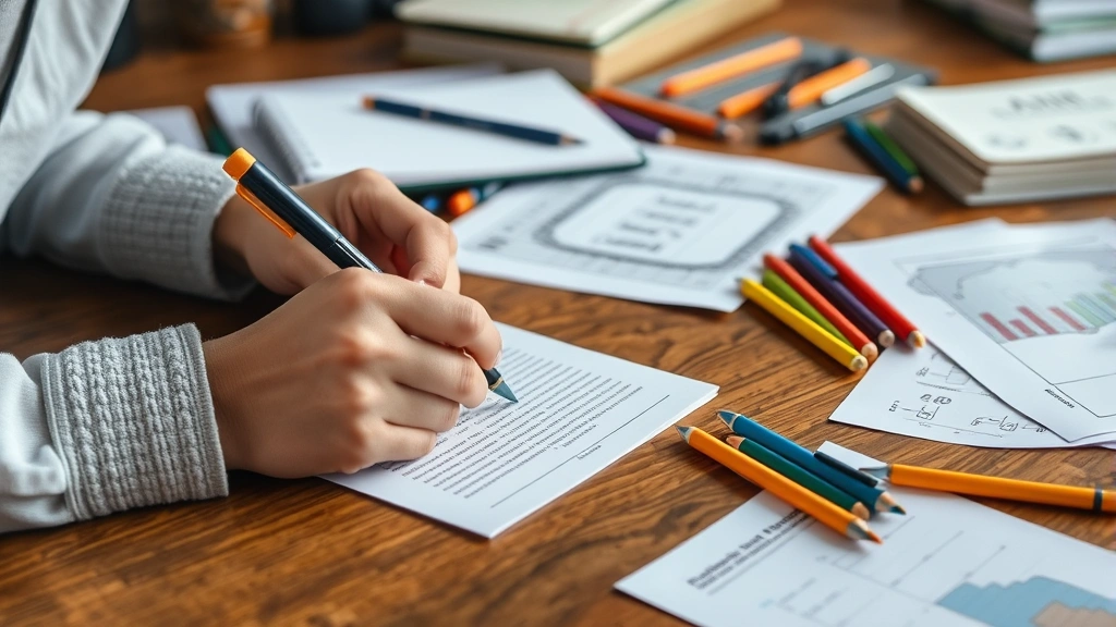 Close-up of hands writing detailed notes on paper with multiple colored pens, organized learning materials spread across wooden table