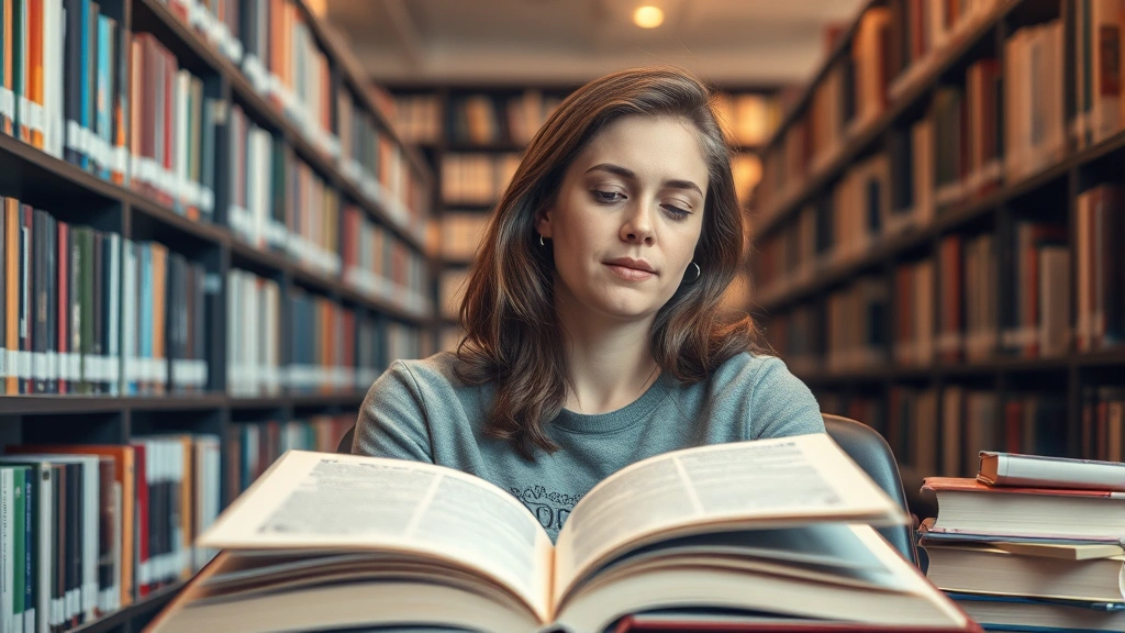 Person sitting peacefully in library surrounded by books, thoughtful expression, warm lighting, open textbook in foreground, blurred background