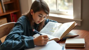 Student focused on reading and analyzing text with highlighted passages, pen in hand, studying at wooden desk with natural light streaming in