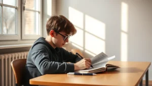 A focused student sitting at a clean desk with a notebook and pen, deeply concentrated on reading an academic text, natural lighting from a window, warm and studious atmosphere